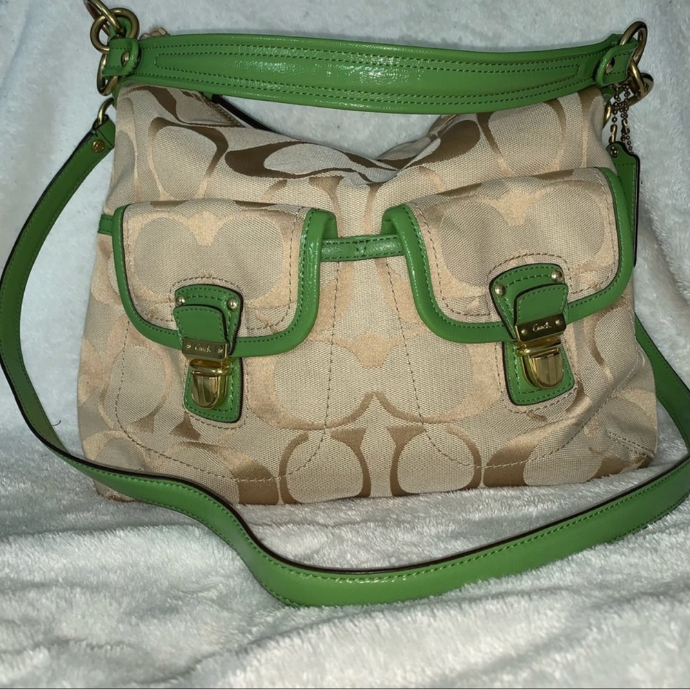 Coach Boho -style crossbody purse, beige signature with green leather trim.